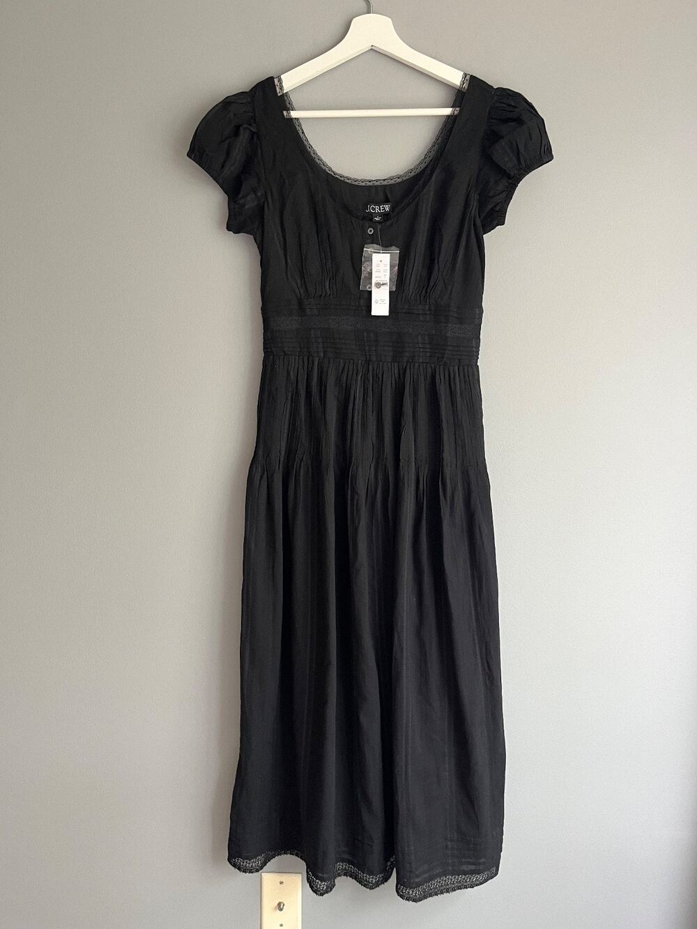 J.Crew NWT $188 Lace-Trim Pintuck Midi Dress Black Cotton Dobby Sz 2 CS953